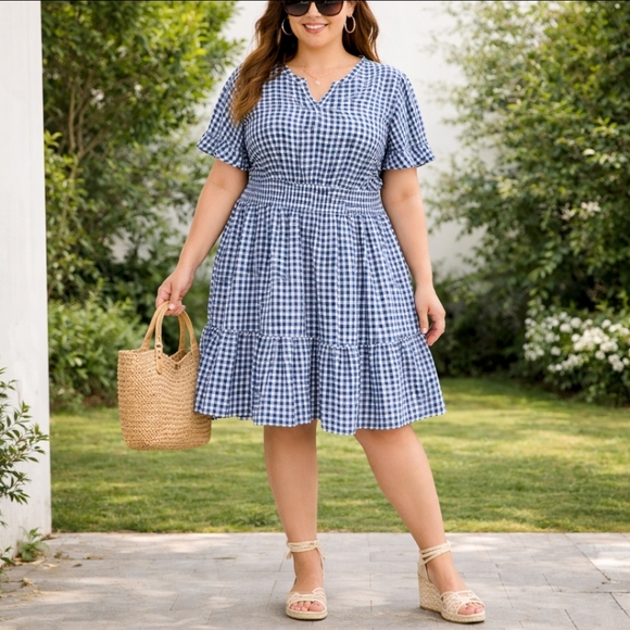 New Croft & Barrow prairie lightweight blue white gingham pullover v-neck 1X - Picture 3 of 10